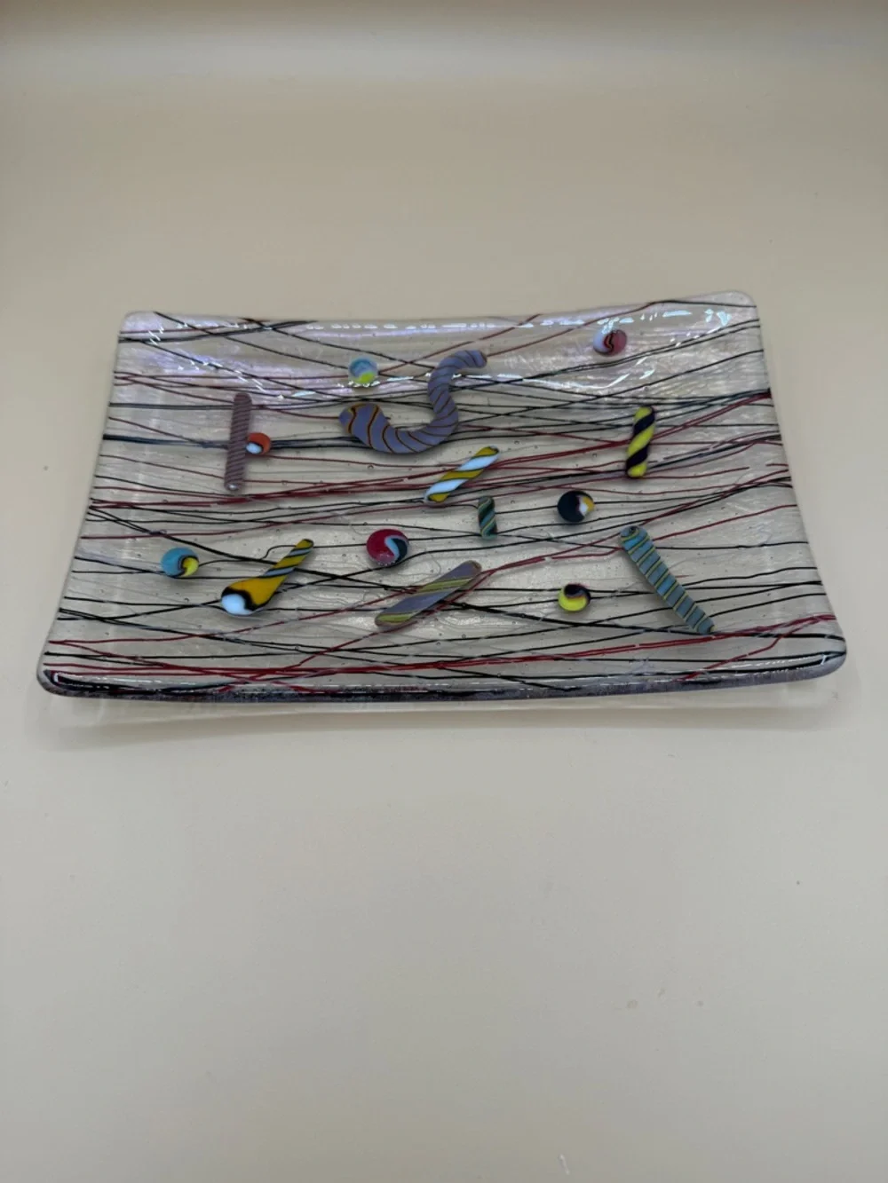 Iridescent Multicolor Confetti Kurt McVay Fused Art Glass Plate 8.5” x 5.5”